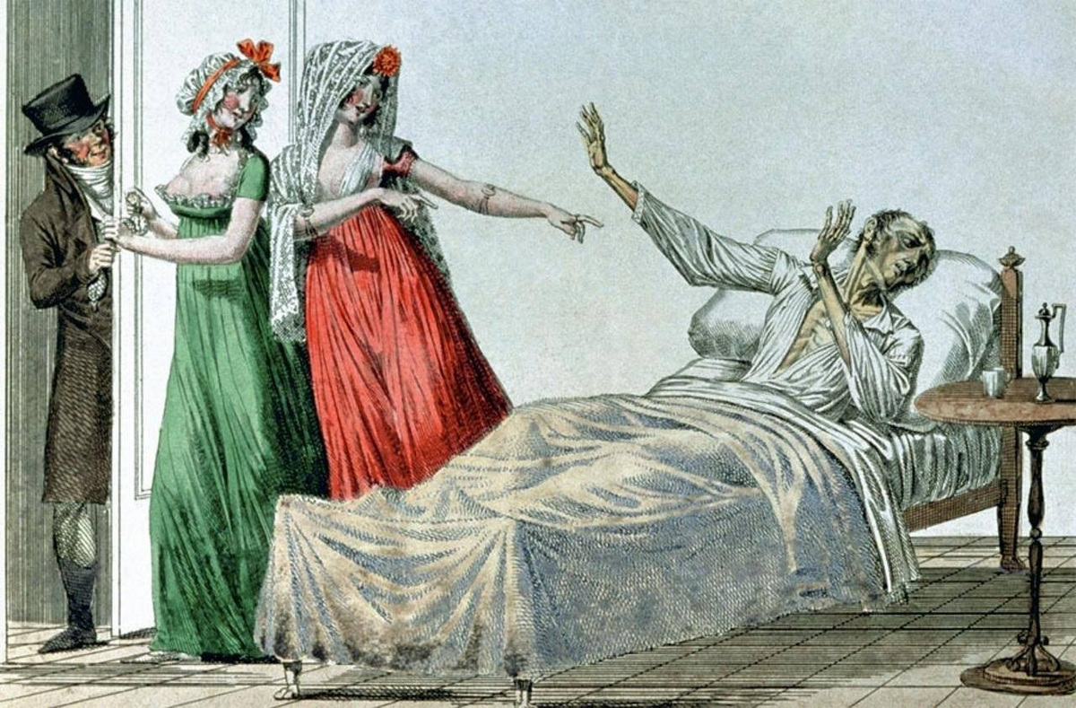 Больной сифилисом, прогоняющий проституток из&nbsp;своей спальни. Гравюра 19 век.